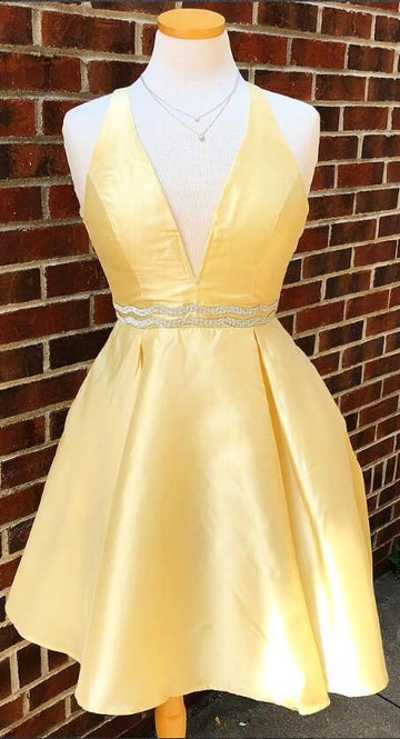 Yellow Short V Neck Prom Dress Homecoming Dress Waist with Beaded HZ1023